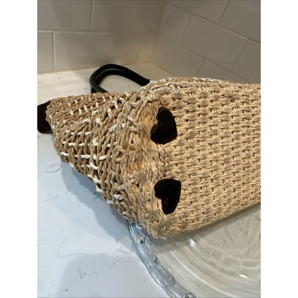 BRIGHTON Handbag Braided Leather Woven Straw Rafia Satchel Purse Heart Y2K - Picture 9 of 16